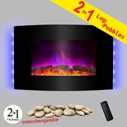 AKDY® 36 Wall Mount Type Tempered Glass Adjustable 2 Setting 1500W LED Flame Effect Bedroom Electric Fireplace Heater 2-in-1 Pebbles Log Interchangeable