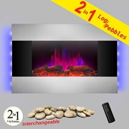 AKDY® 36 Tempered Glass Stainless Steel Wall Mount Type Adjustable Flame LED Backlight Electric Fireplace Stove Log & Pebble 2-in-1